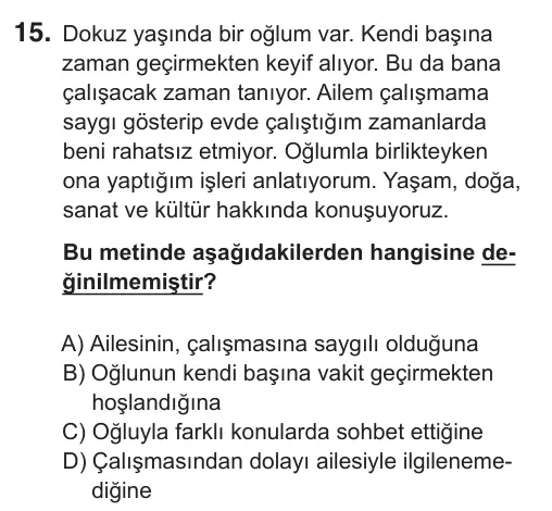 5. Sınıf Türkçe 2018 İOKBS Bursluluk Sınavı 15. Soru görseli