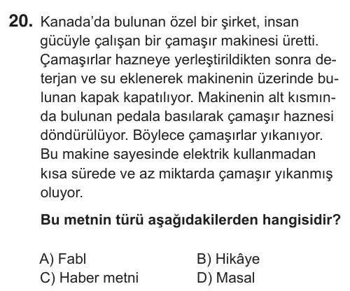 5. Sınıf Türkçe 2018 İOKBS Bursluluk Sınavı 20. Soru görseli