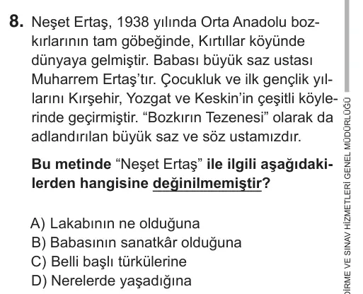 5. Sınıf Türkçe 2018 İOKBS Bursluluk Sınavı 8. Soru görseli