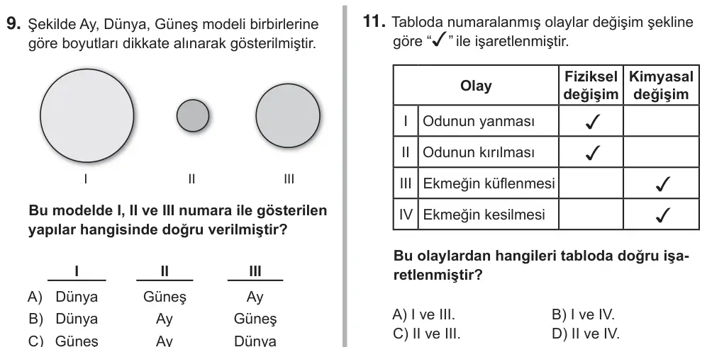 6. Sınıf Fen Bilimleri 2018 İOKBS Bursluluk Sınavı 11. Soru görseli