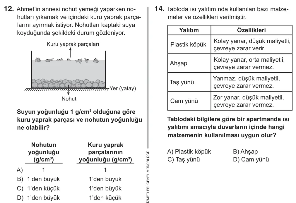 6. Sınıf Fen Bilimleri 2018 İOKBS Bursluluk Sınavı 12. Soru görseli