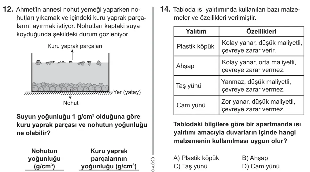 6. Sınıf Fen Bilimleri 2018 İOKBS Bursluluk Sınavı 14. Soru görseli