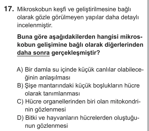 6. Sınıf Fen Bilimleri 2018 İOKBS Bursluluk Sınavı 17. Soru görseli
