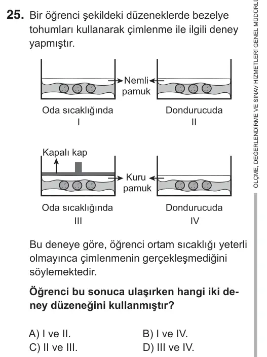 6. Sınıf Fen Bilimleri 2018 İOKBS Bursluluk Sınavı 25. Soru görseli