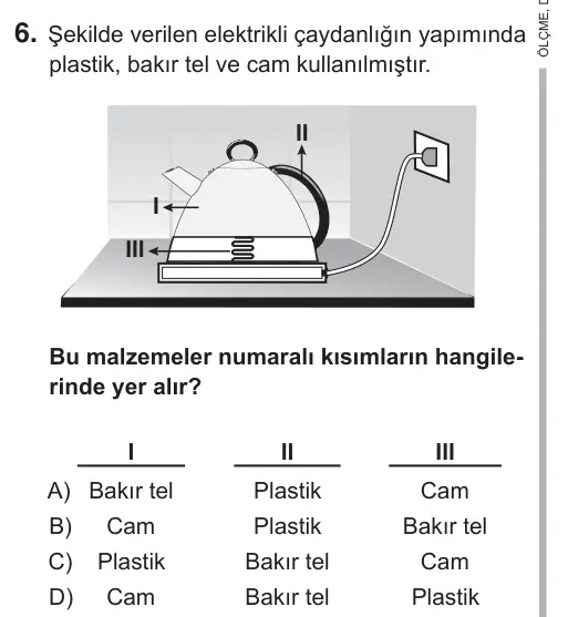 6. Sınıf Fen Bilimleri 2018 İOKBS Bursluluk Sınavı 6. Soru görseli