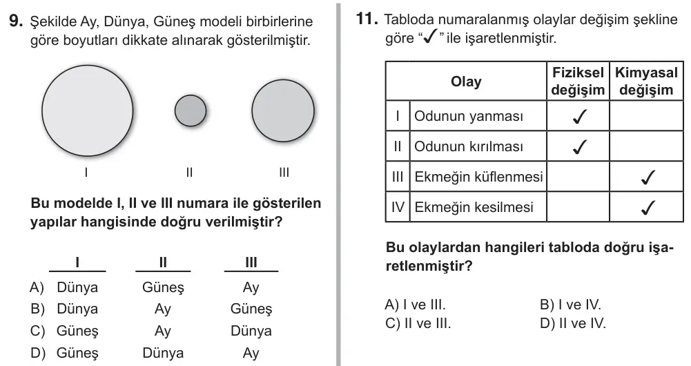 6. Sınıf Fen Bilimleri 2018 İOKBS Bursluluk Sınavı 9. Soru görseli