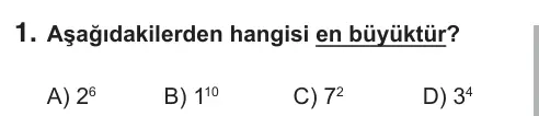 6. Sınıf Matematik 2018 İOKBS Bursluluk Sınavı 1. Soru görseli