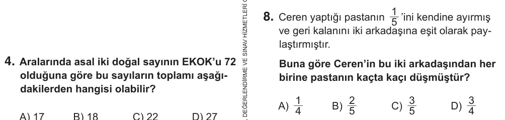 6. Sınıf Matematik 2018 İOKBS Bursluluk Sınavı 8. Soru görseli