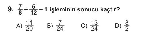 6. Sınıf Matematik 2018 İOKBS Bursluluk Sınavı 9. Soru görseli