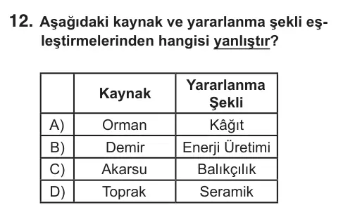 6. Sınıf Sosyal Bilgiler 2018 İOKBS Bursluluk Sınavı 12. Soru görseli