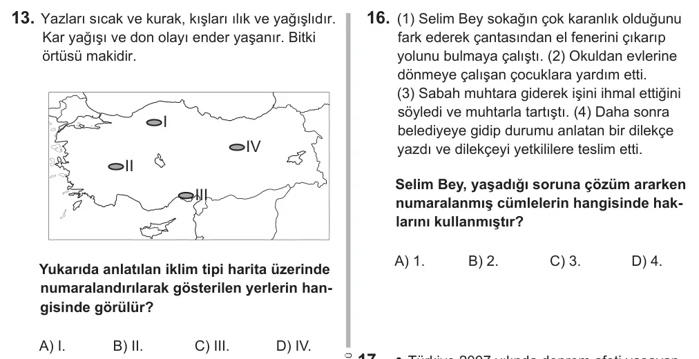 6. Sınıf Sosyal Bilgiler 2018 İOKBS Bursluluk Sınavı 13. Soru görseli