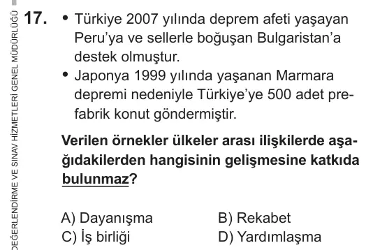 6. Sınıf Sosyal Bilgiler 2018 İOKBS Bursluluk Sınavı 17. Soru görseli