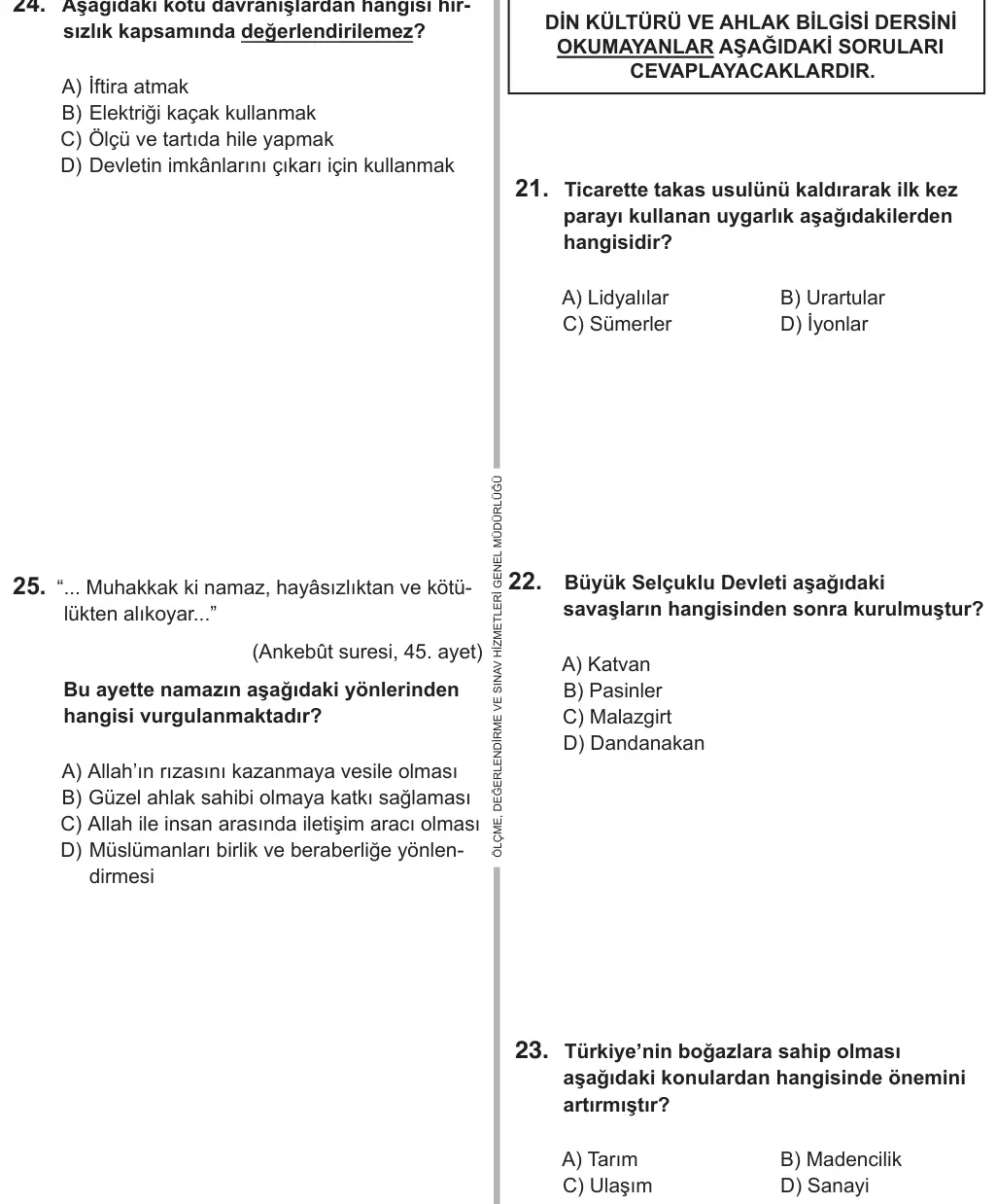 6. Sınıf Sosyal Bilgiler 2018 İOKBS Bursluluk Sınavı 25. Soru görseli (1/3)