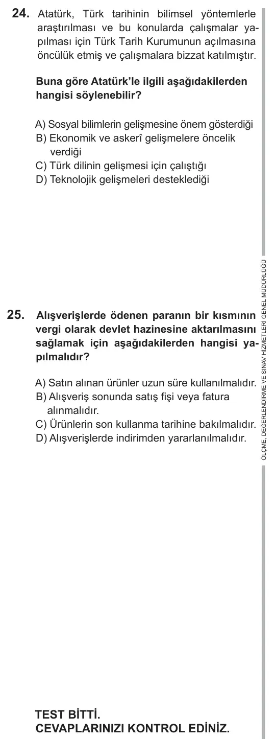 6. Sınıf Sosyal Bilgiler 2018 İOKBS Bursluluk Sınavı 25. Soru görseli (2/3)