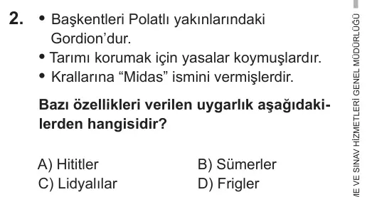 6. Sınıf Sosyal Bilgiler 2018 İOKBS Bursluluk Sınavı 2. Soru görseli