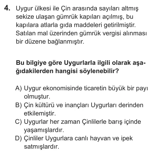 6. Sınıf Sosyal Bilgiler 2018 İOKBS Bursluluk Sınavı 4. Soru görseli