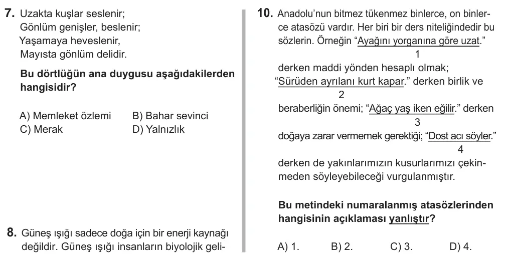 6. Sınıf Türkçe 2018 İOKBS Bursluluk Sınavı 10. Soru görseli