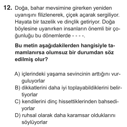 6. Sınıf Türkçe 2018 İOKBS Bursluluk Sınavı 12. Soru görseli