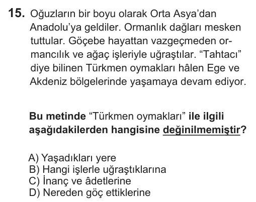 6. Sınıf Türkçe 2018 İOKBS Bursluluk Sınavı 15. Soru görseli