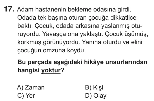 6. Sınıf Türkçe 2018 İOKBS Bursluluk Sınavı 17. Soru görseli