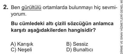 6. Sınıf Türkçe 2018 İOKBS Bursluluk Sınavı 2. Soru görseli