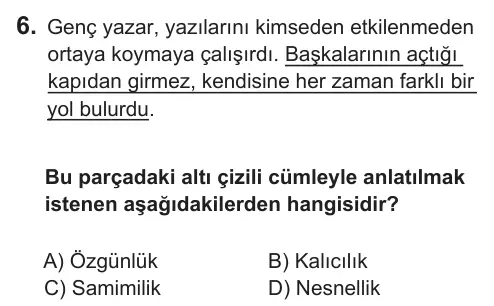 6. Sınıf Türkçe 2018 İOKBS Bursluluk Sınavı 6. Soru görseli