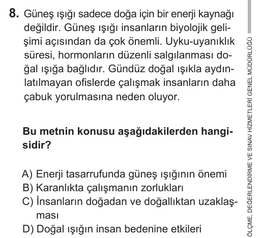 6. Sınıf Türkçe 2018 İOKBS Bursluluk Sınavı 8. Soru görseli