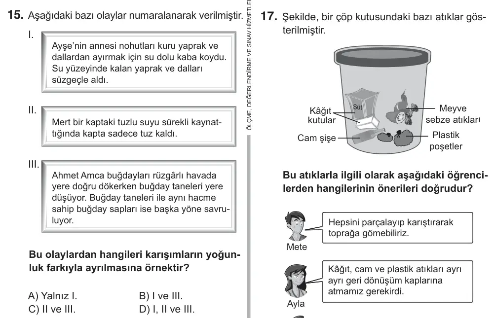 7. Sınıf Fen Bilimleri 2018 İOKBS Bursluluk Sınavı 15. Soru görseli