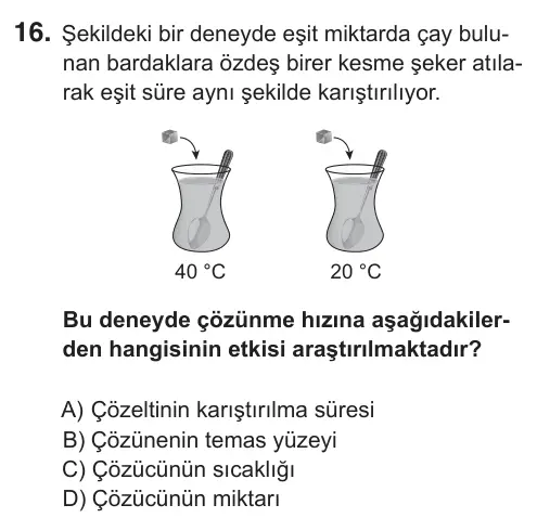 7. Sınıf Fen Bilimleri 2018 İOKBS Bursluluk Sınavı 16. Soru görseli