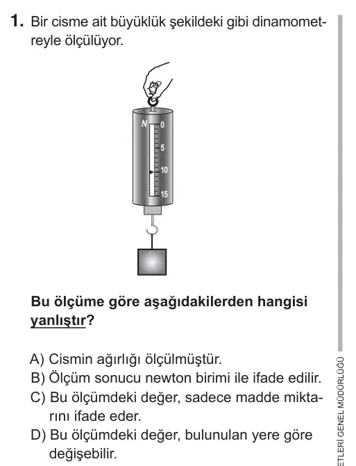 7. Sınıf Fen Bilimleri 2018 İOKBS Bursluluk Sınavı 1. Soru görseli