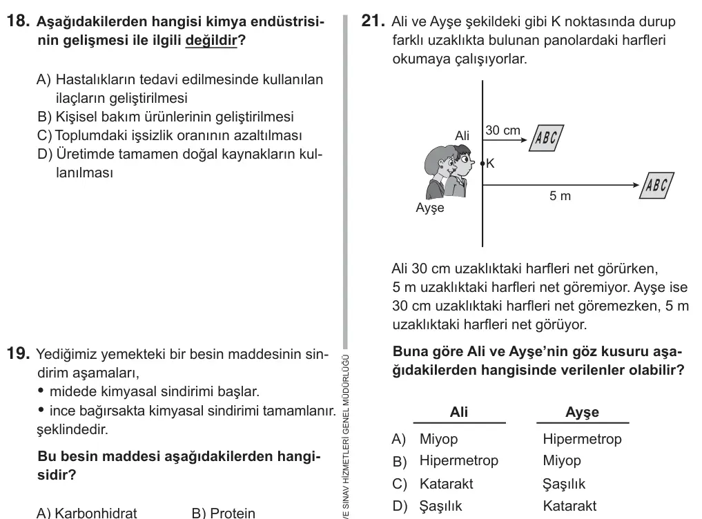 7. Sınıf Fen Bilimleri 2018 İOKBS Bursluluk Sınavı 21. Soru görseli