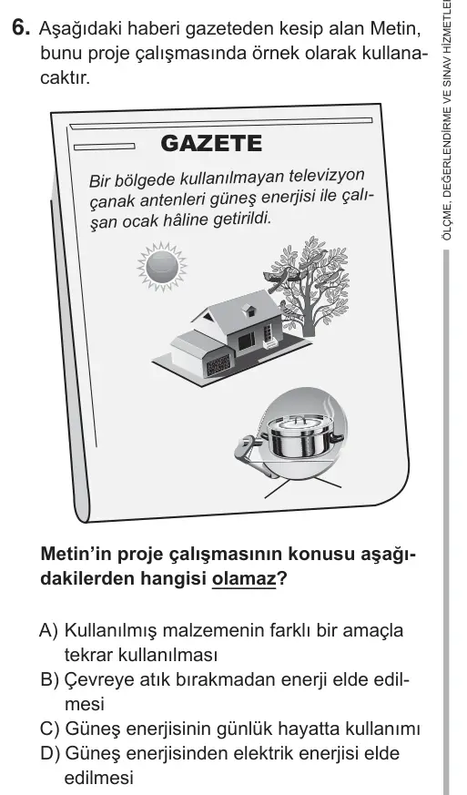 7. Sınıf Fen Bilimleri 2018 İOKBS Bursluluk Sınavı 6. Soru görseli