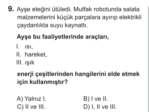7. Sınıf Fen Bilimleri 2018 İOKBS Bursluluk Sınavı 9. Soru görseli