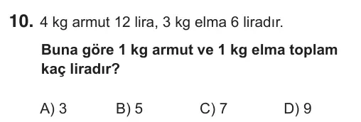 7. Sınıf Matematik 2018 İOKBS Bursluluk Sınavı 10. Soru görseli