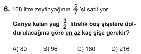 7. Sınıf Matematik 2018 İOKBS Bursluluk Sınavı 6. Soru görseli (1/2)