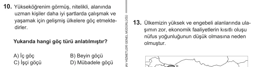 7. Sınıf Sosyal Bilgiler 2018 İOKBS Bursluluk Sınavı 10. Soru görseli