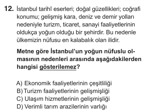 7. Sınıf Sosyal Bilgiler 2018 İOKBS Bursluluk Sınavı 12. Soru görseli