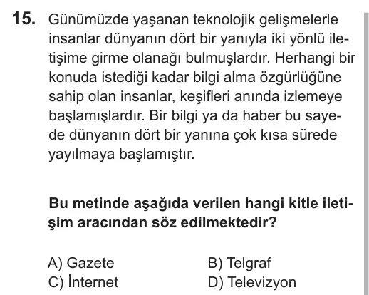 7. Sınıf Sosyal Bilgiler 2018 İOKBS Bursluluk Sınavı 15. Soru görseli
