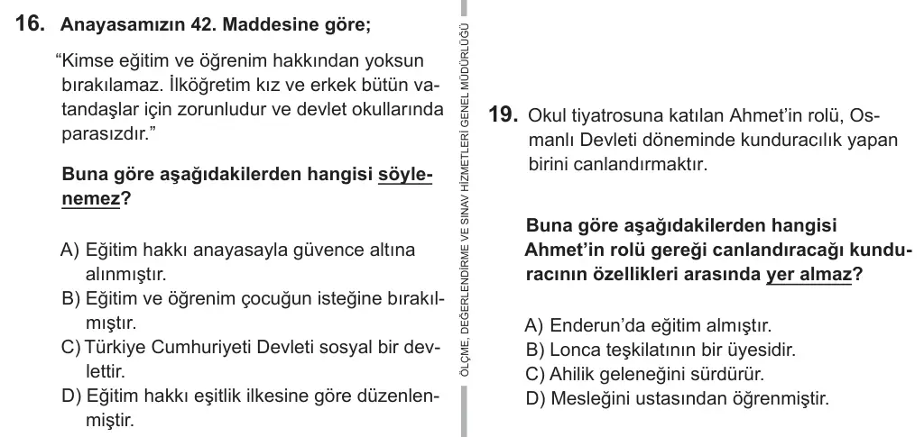 7. Sınıf Sosyal Bilgiler 2018 İOKBS Bursluluk Sınavı 16. Soru görseli