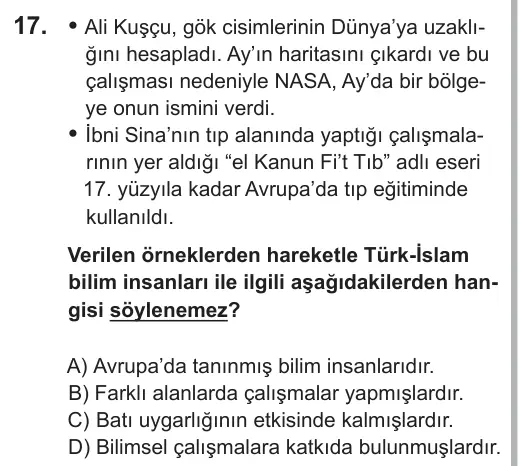 7. Sınıf Sosyal Bilgiler 2018 İOKBS Bursluluk Sınavı 17. Soru görseli