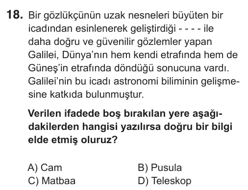 7. Sınıf Sosyal Bilgiler 2018 İOKBS Bursluluk Sınavı 18. Soru görseli