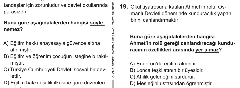 7. Sınıf Sosyal Bilgiler 2018 İOKBS Bursluluk Sınavı 19. Soru görseli