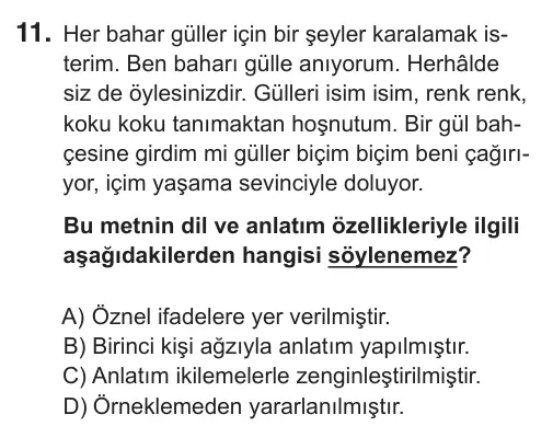 7. Sınıf Türkçe 2018 İOKBS Bursluluk Sınavı 11. Soru görseli