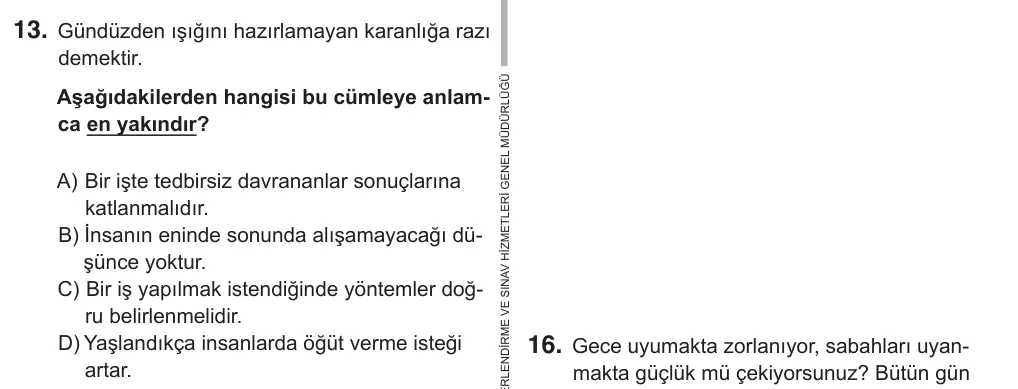 7. Sınıf Türkçe 2018 İOKBS Bursluluk Sınavı 13. Soru görseli