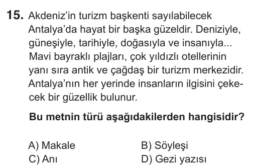 7. Sınıf Türkçe 2018 İOKBS Bursluluk Sınavı 15. Soru görseli