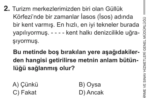 7. Sınıf Türkçe 2018 İOKBS Bursluluk Sınavı 2. Soru görseli