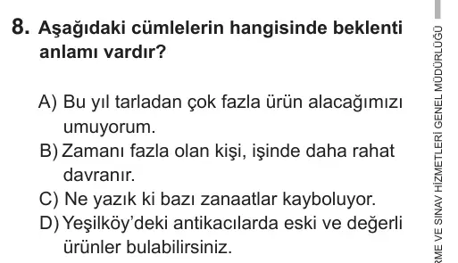 7. Sınıf Türkçe 2018 İOKBS Bursluluk Sınavı 8. Soru görseli
