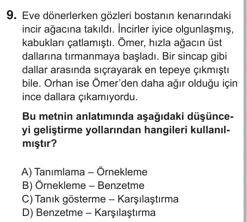 7. Sınıf Türkçe 2018 İOKBS Bursluluk Sınavı 9. Soru görseli