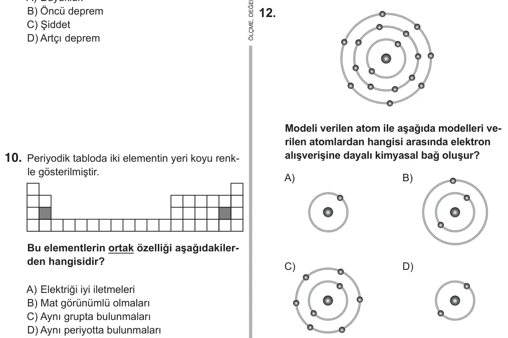 8. Sınıf Fen Bilimleri 2018 İOKBS Bursluluk Sınavı 12. Soru görseli