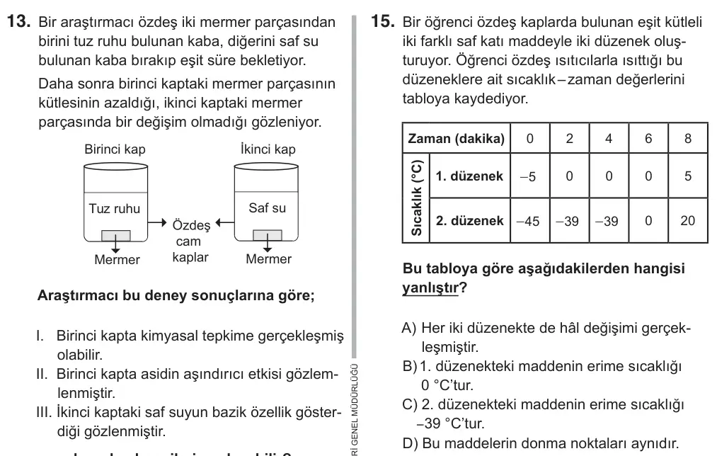 8. Sınıf Fen Bilimleri 2018 İOKBS Bursluluk Sınavı 15. Soru görseli